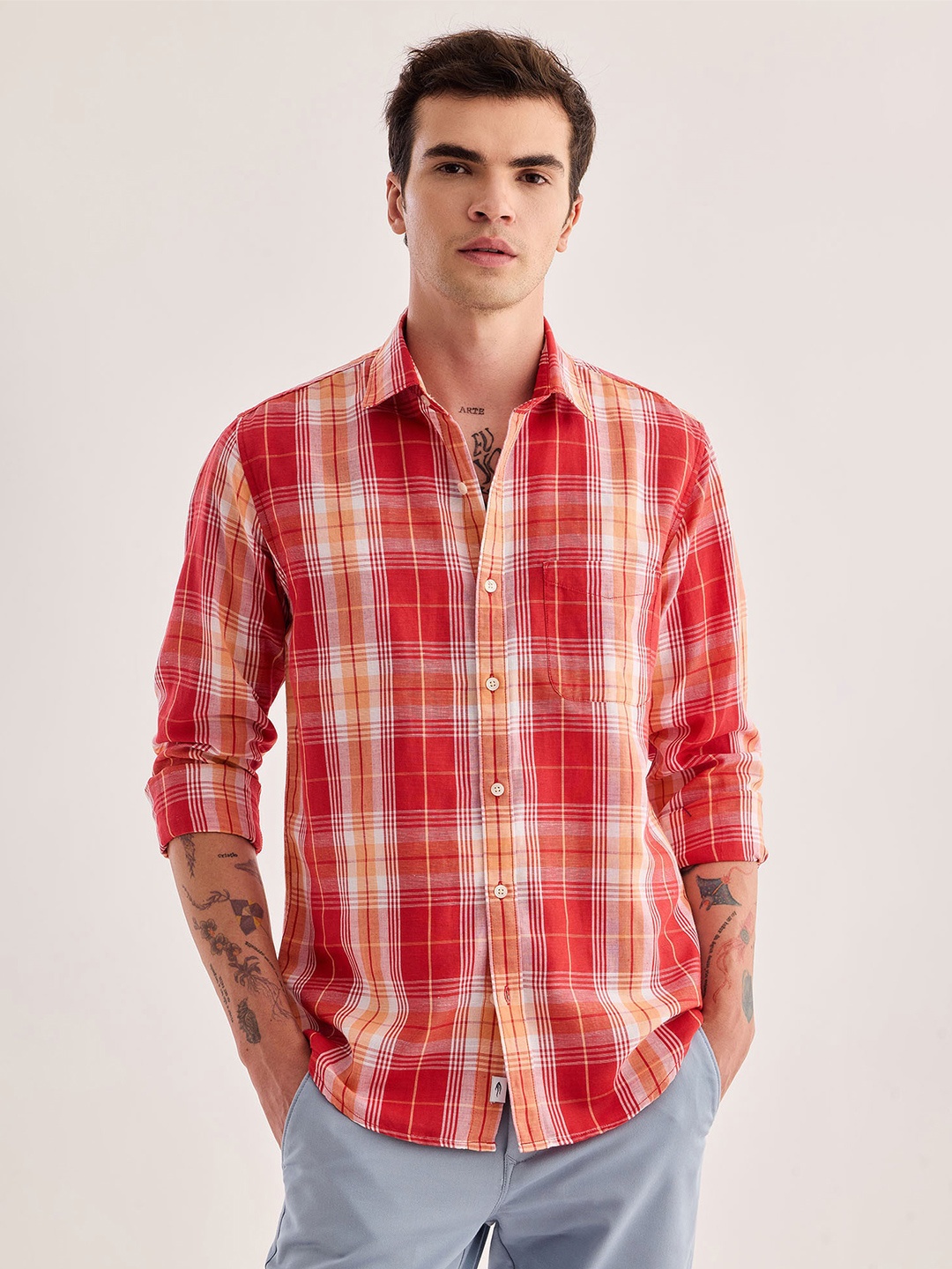 

Red Flame Tartan Checked Cotton Linen Casual Shirt