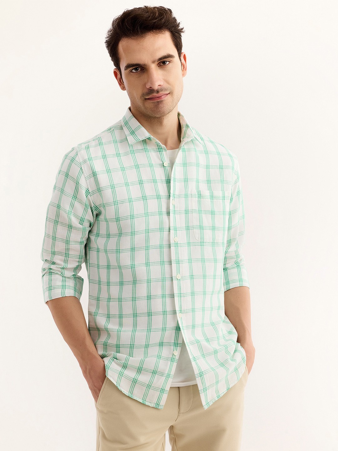 

Red Flame Tartan Checked Cotton Linen Casual Shirt, Green