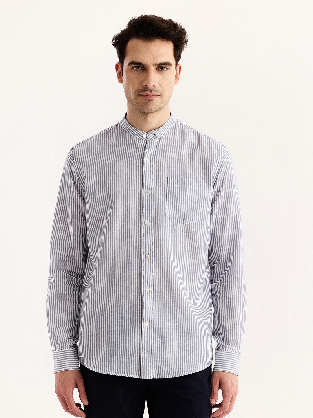 

Red Flame Vertical Striped Mandarin Collar Cotton Linen Casual Shirt, Grey
