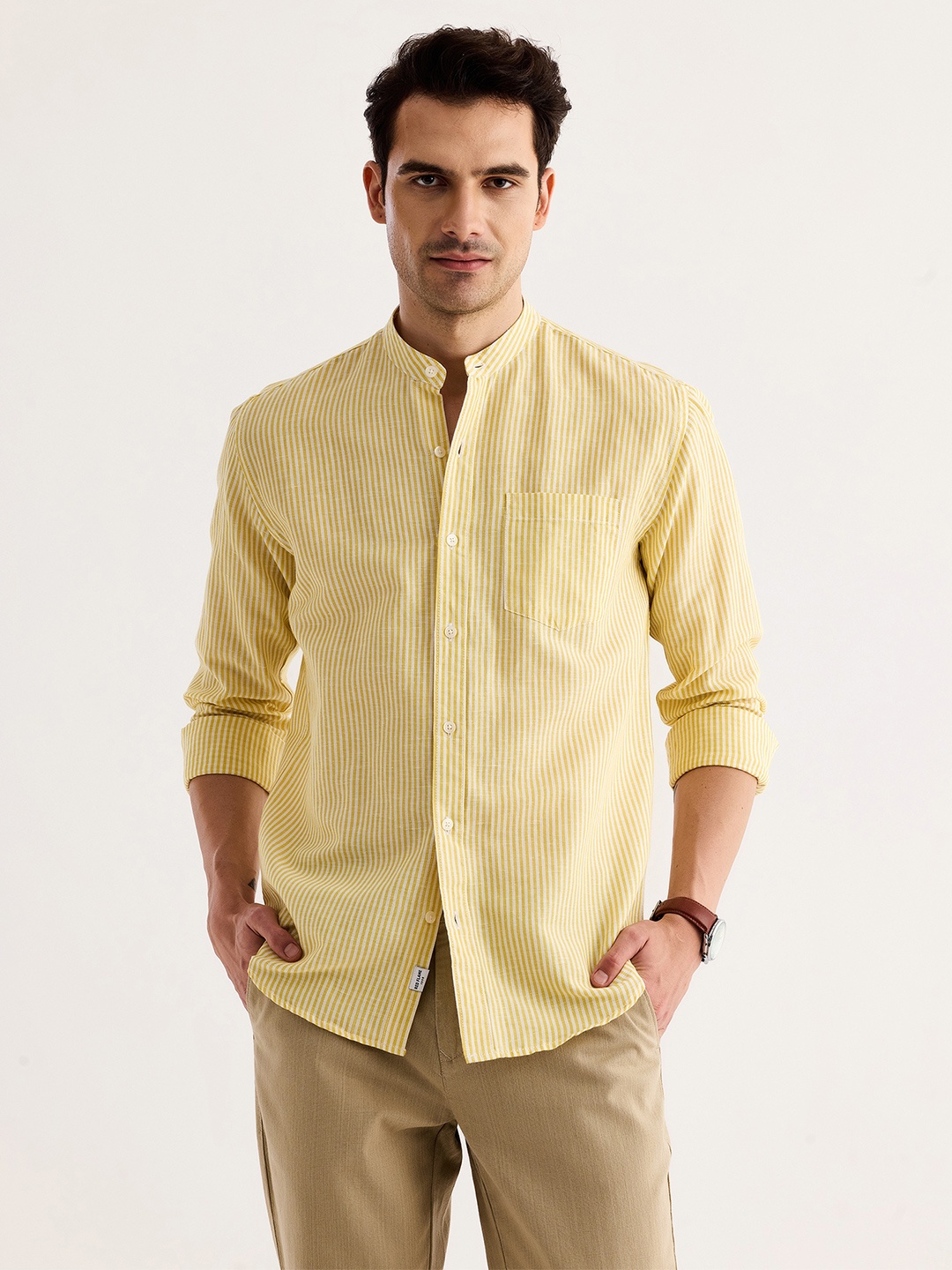 

Red Flame Vertical Striped Mandarin Collar Cotton Linen Casual Shirt, Yellow