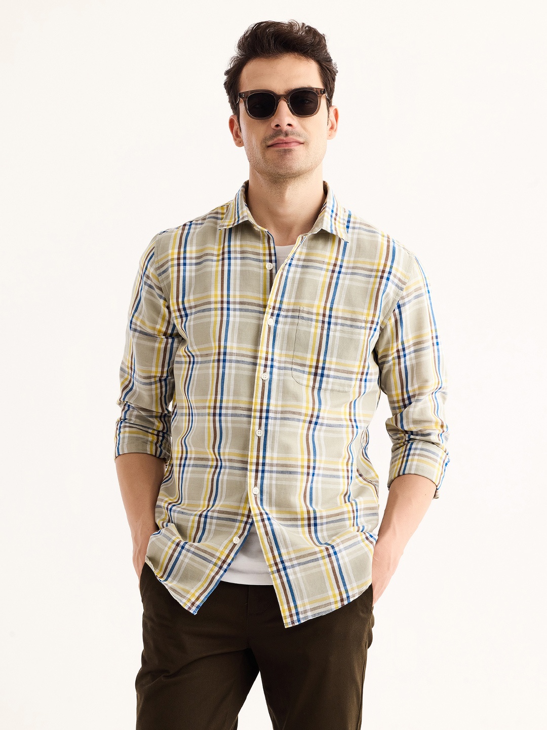 

Red Flame Tartan Checked Cotton Linen Casual Shirt, Grey