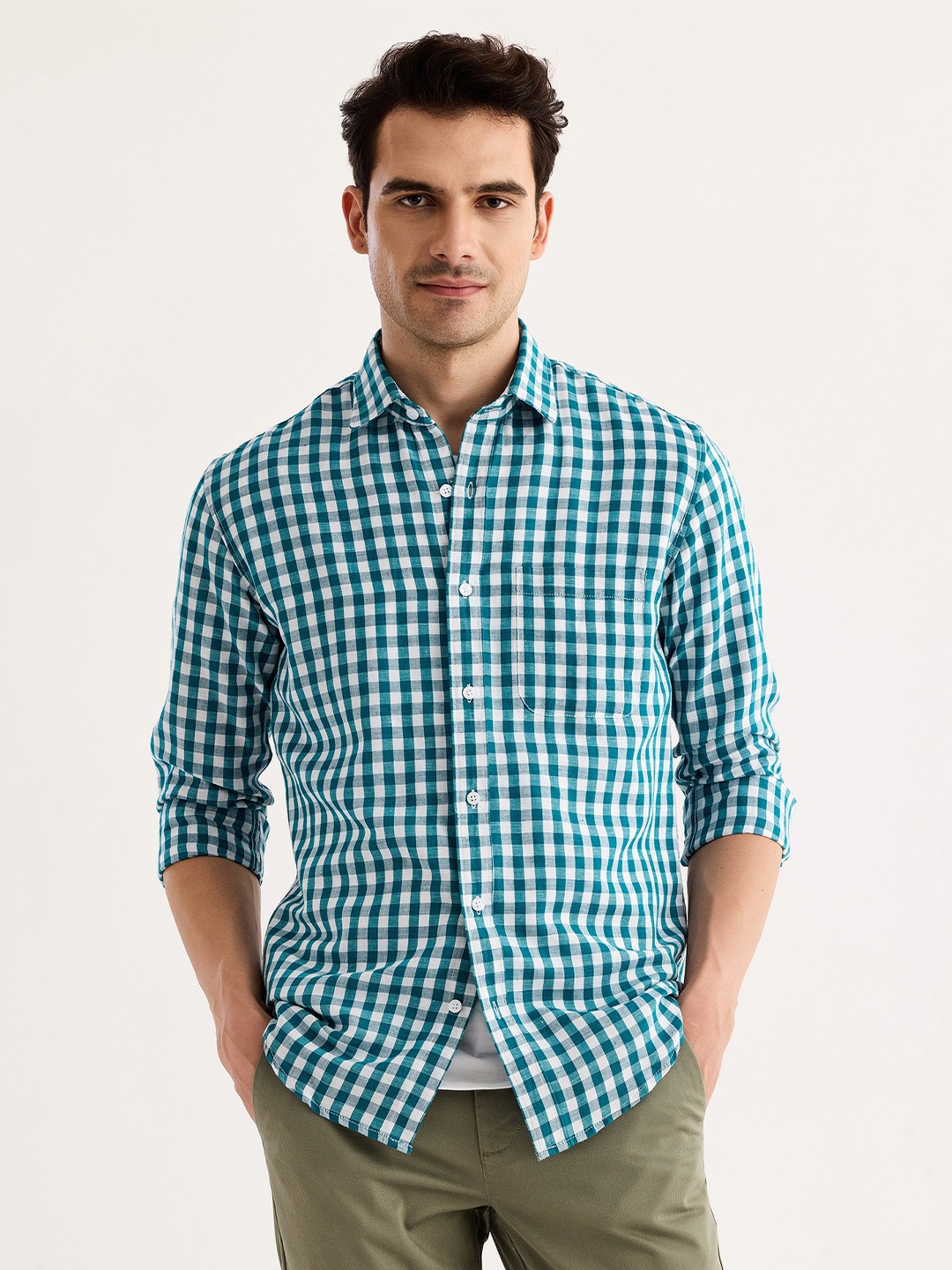 

Red Flame Gingham Checked Spread Collar Cotton Linen Casual Shirt, Green