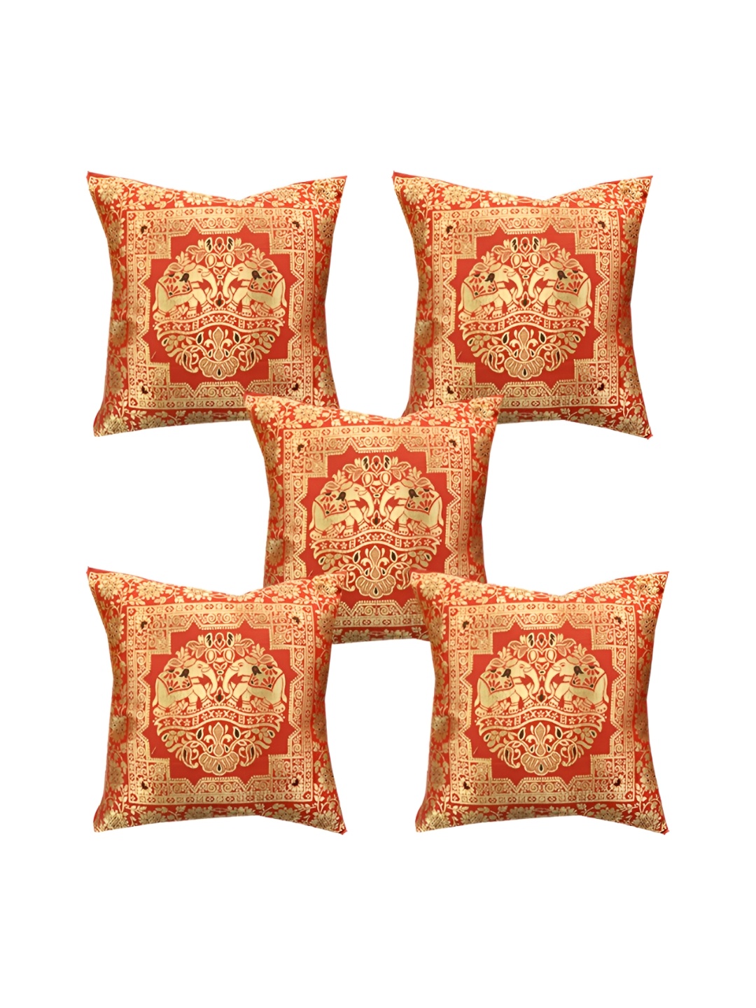 

Pink Parrot Red & Gold-Toned 5 Pieces Ethnic Motifs Square Cushion Covers