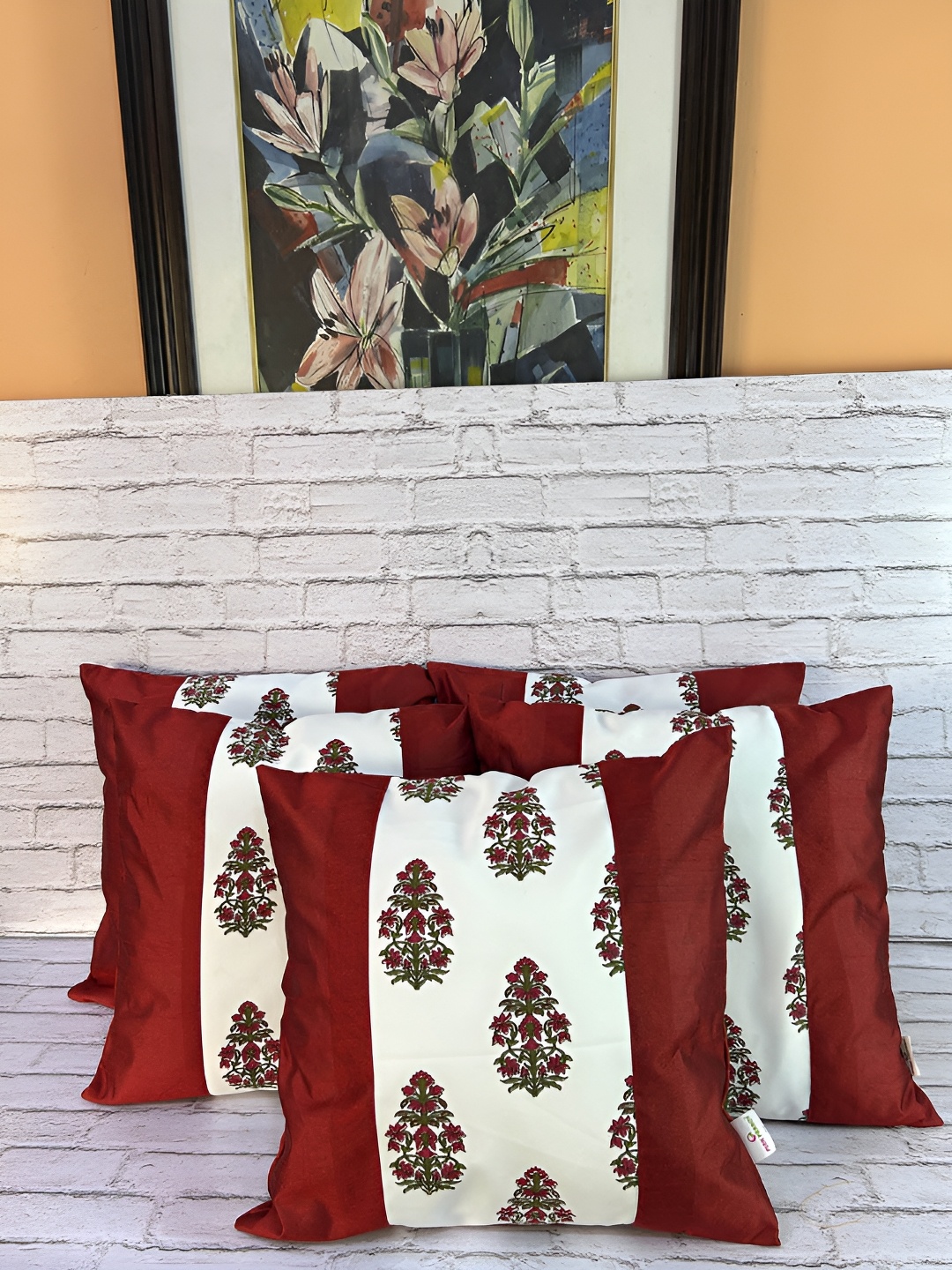 

Pink Parrot Maroon & White 5 Pieces Ethnic Motifs Square Cushion Covers