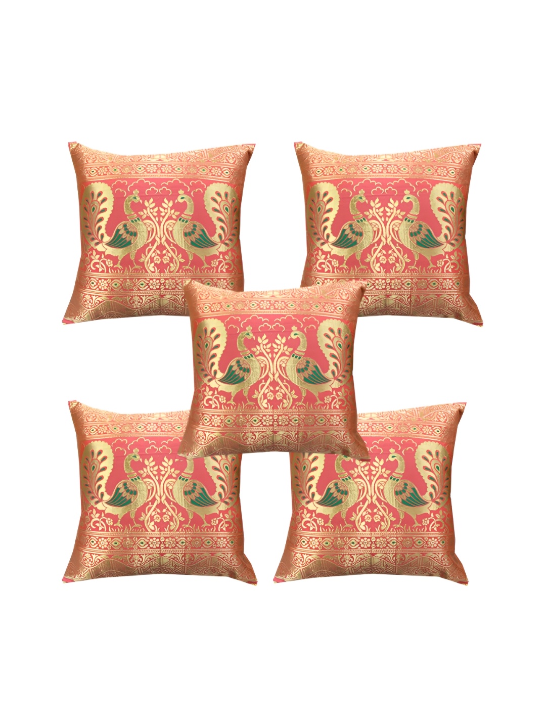 

Pink Parrot Pink & Gold Toned 5 Pieces Ethnic Motifs Zari Square Cushion Covers