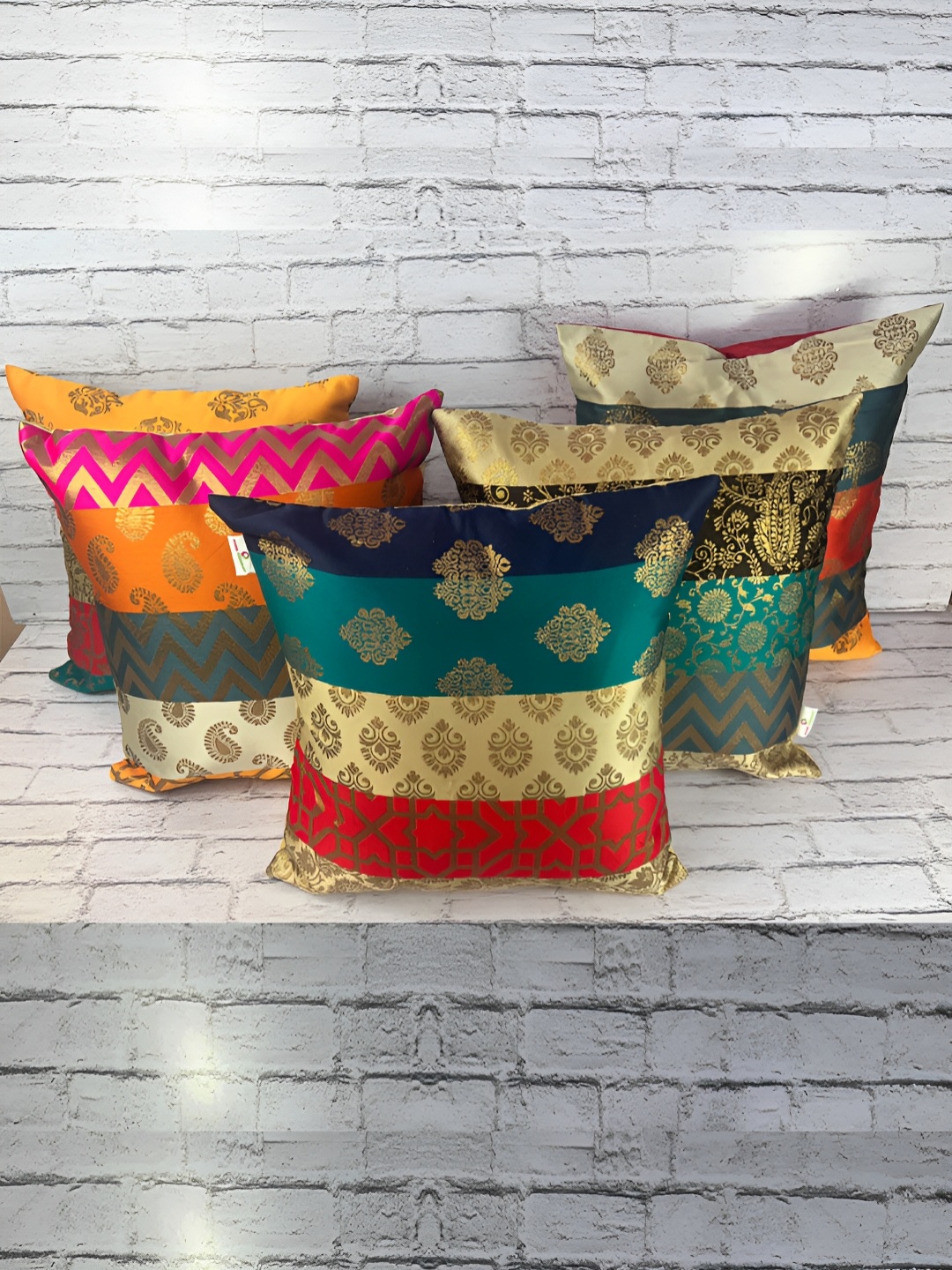 

Pink Parrot Green & Orange 5 Pieces Ethnic Motifs Square Cushion Covers