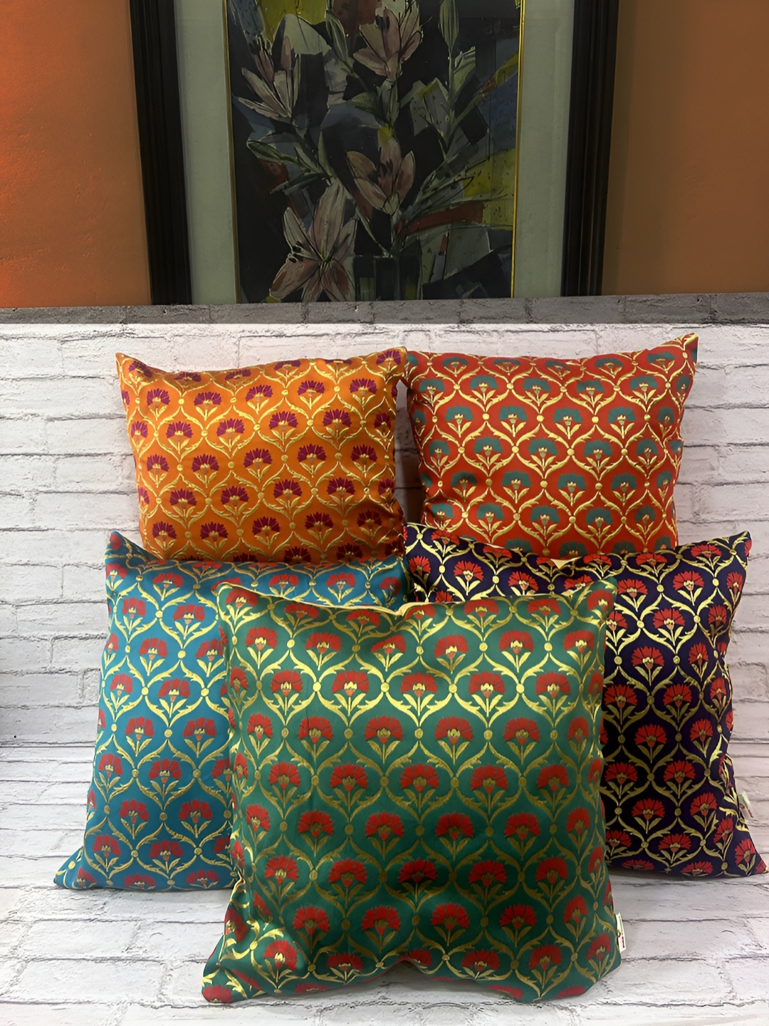 

Pink Parrot Blue & Green 5 Pieces Ethnic Motifs Square Cushion Covers