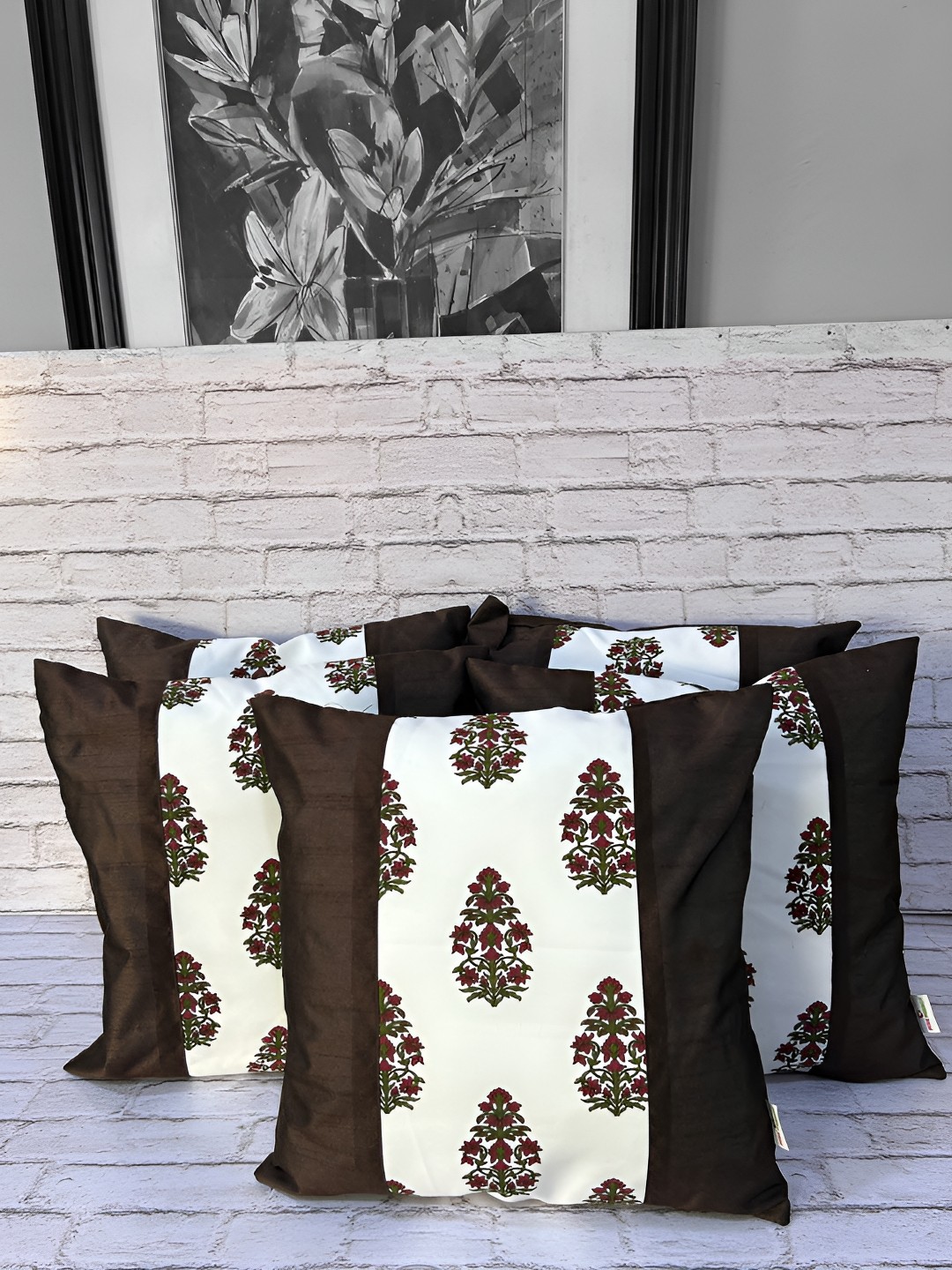 

Pink Parrot Brown & White 5 Pieces Ethnic Motifs Square Cushion Covers
