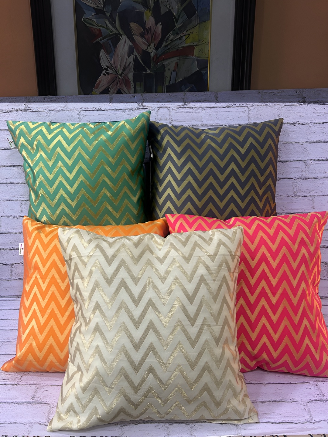 

Pink Parrot Green & Orange 5 Pieces Geometric Zari Square Cushion Covers