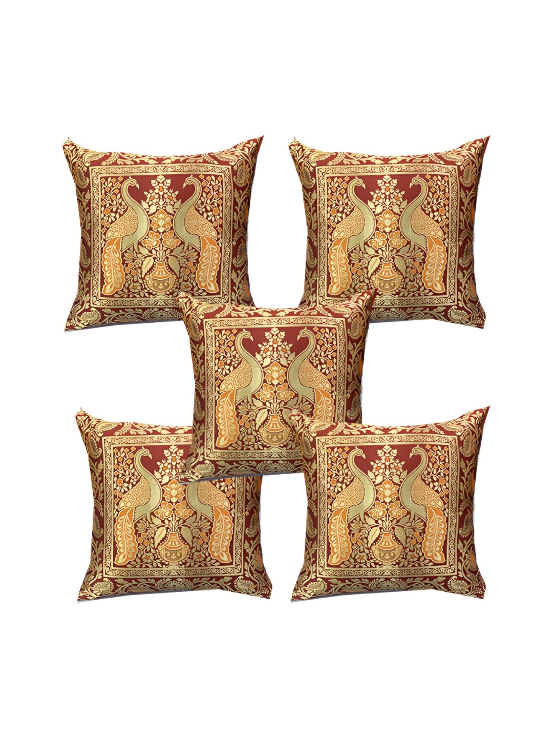 

Pink Parrot Yellow & Red 5 Pieces Ethnic Motifs Square Cushion Covers