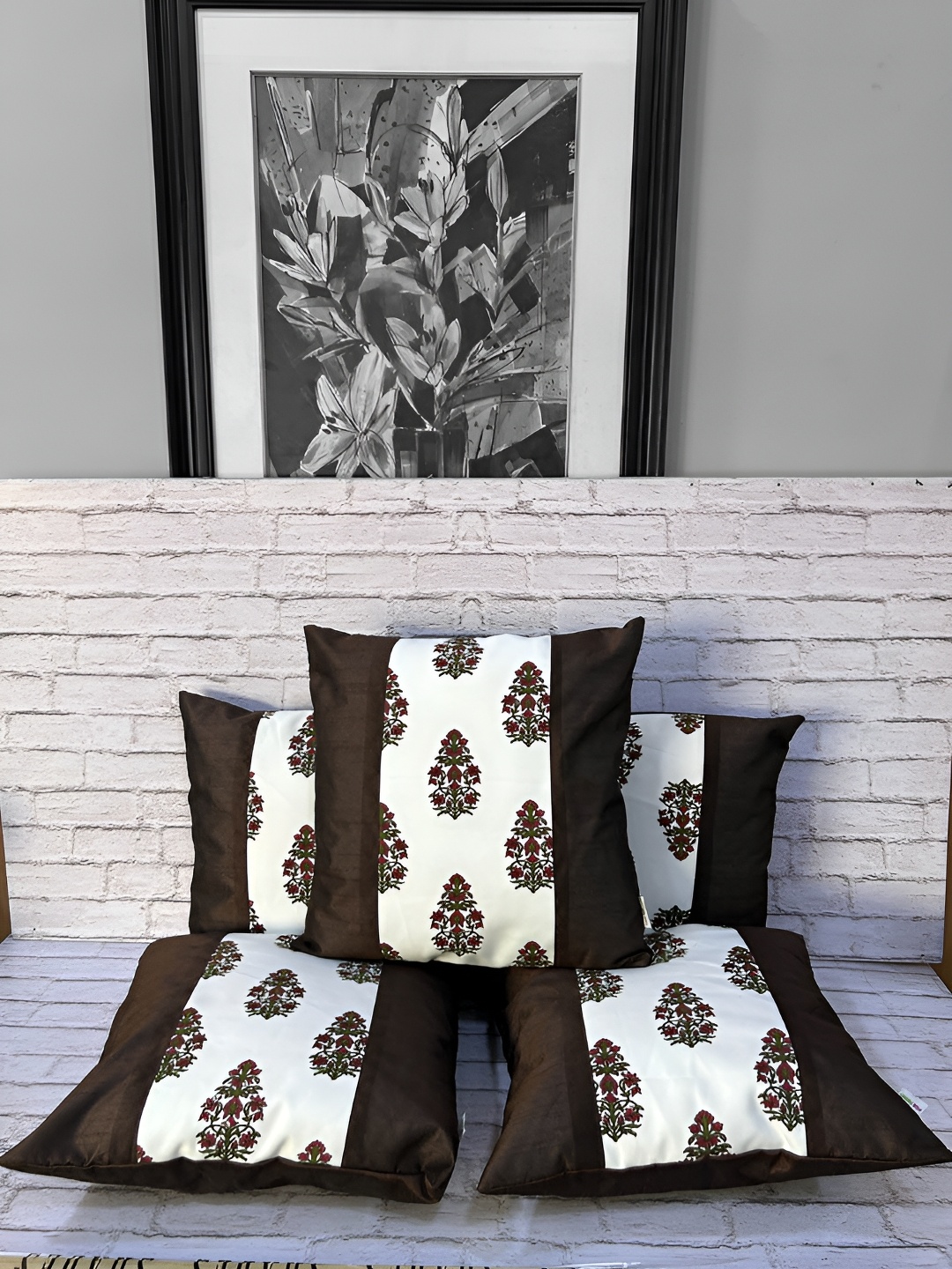 

Pink Parrot Brown & White 5 Pieces Ethnic Motifs Square Cushion Covers
