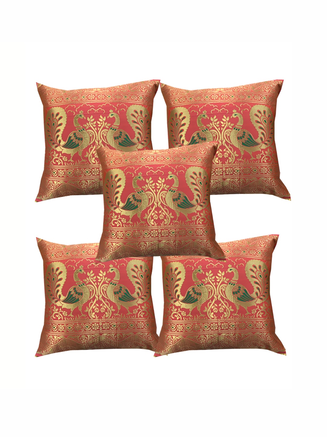 

Pink Parrot Pink & Gold-Toned 5 Pieces Ethnic Motifs Square Cushion Covers