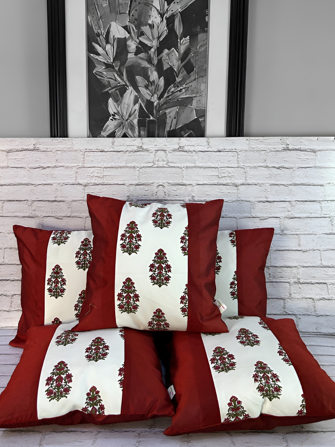 

Pink Parrot Red & White 5 Pieces Ethnic Motifs Square Cushion Covers