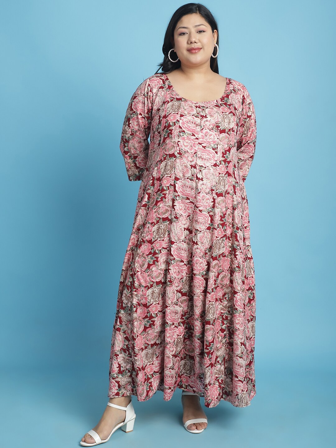 

theRebelinme Plus Size Floral Printed Maxi Dress, Maroon
