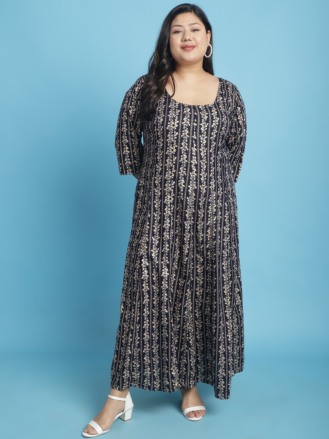 

theRebelinme Plus Size Ethnic Motifs Printed Maxi Dress, Navy blue