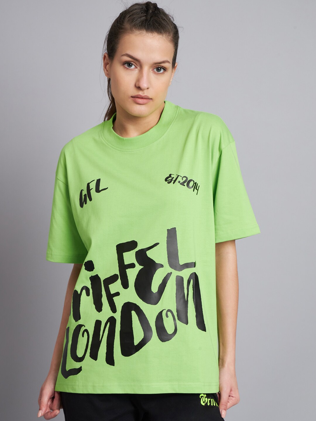 

GRIFFEL Typography Printed Drop Shoulder Sleeves Cotton Oversized T-shirt, Sea green