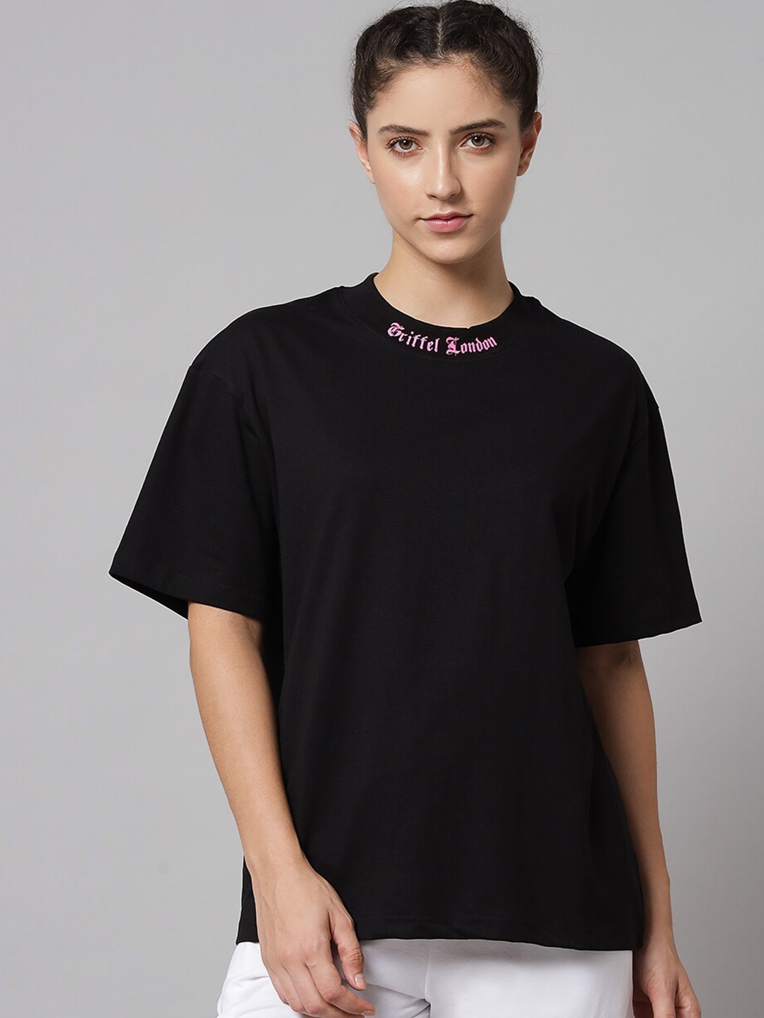 

GRIFFEL Drop Shoulder Sleeves Cotton Oversized T-shirt, Black