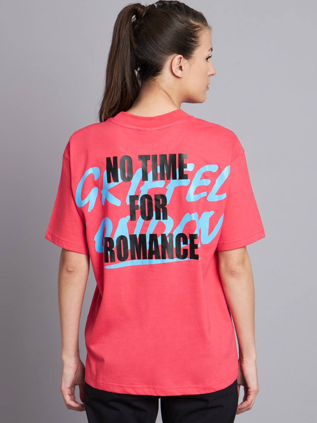

GRIFFEL Typography Printed Drop Shoulder Sleeves Cotton Oversized T-shirt, Pink
