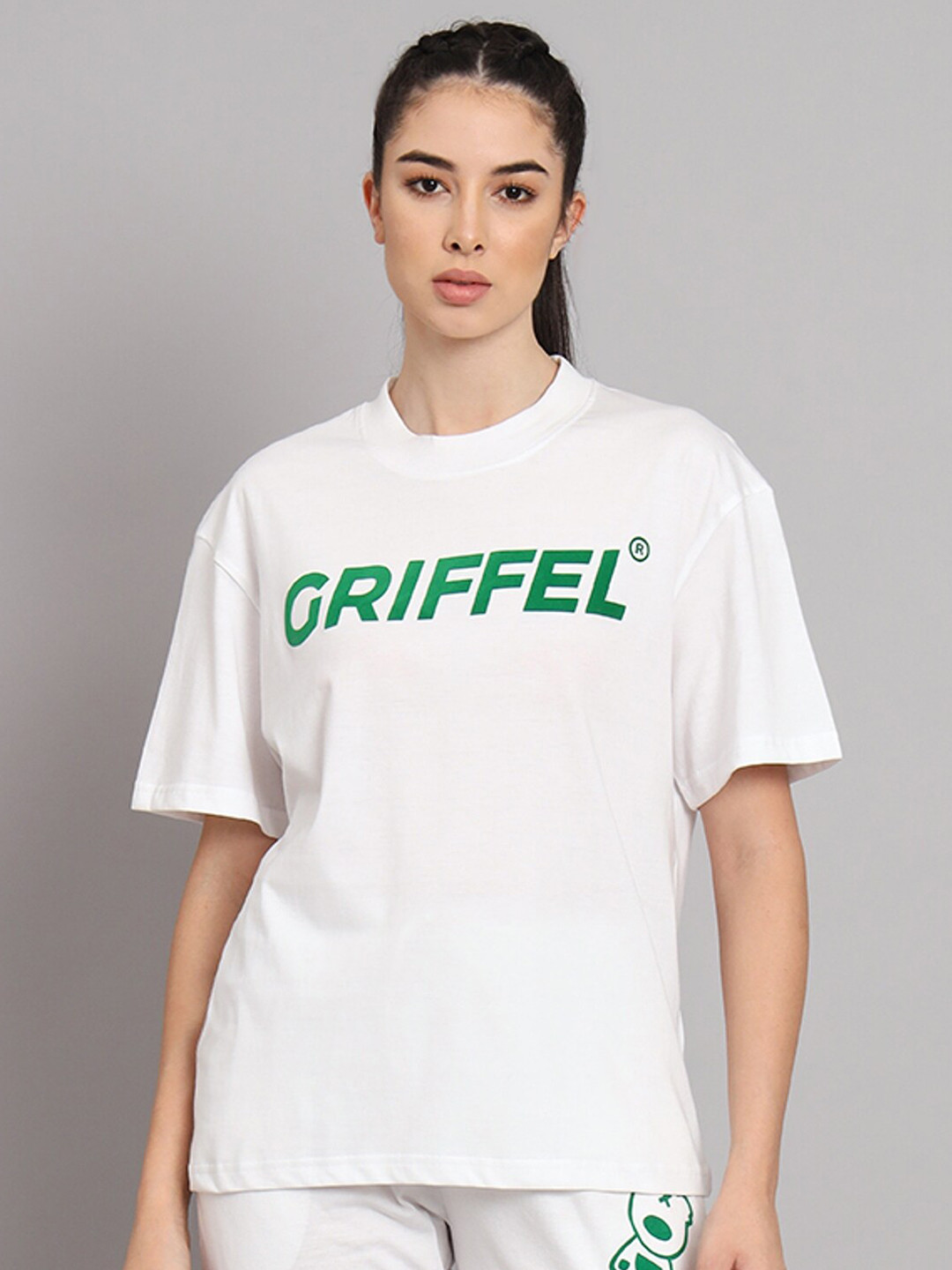 

GRIFFEL Typography Printed Drop Shoulder Sleeves Cotton Oversized T-shirt, White