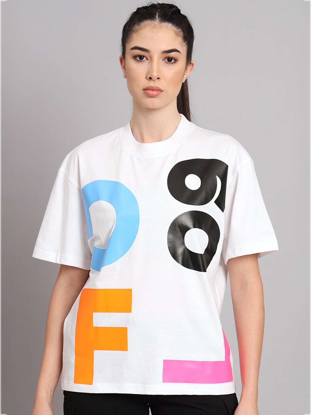 

GRIFFEL Typography Printed Drop Shoulder Sleeves Cotton Oversized T-shirt, White