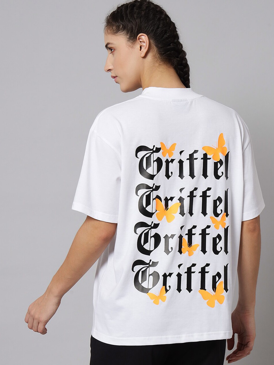 

GRIFFEL Typography Printed Drop Shoulder Sleeves Cotton Oversized T-shirt, White