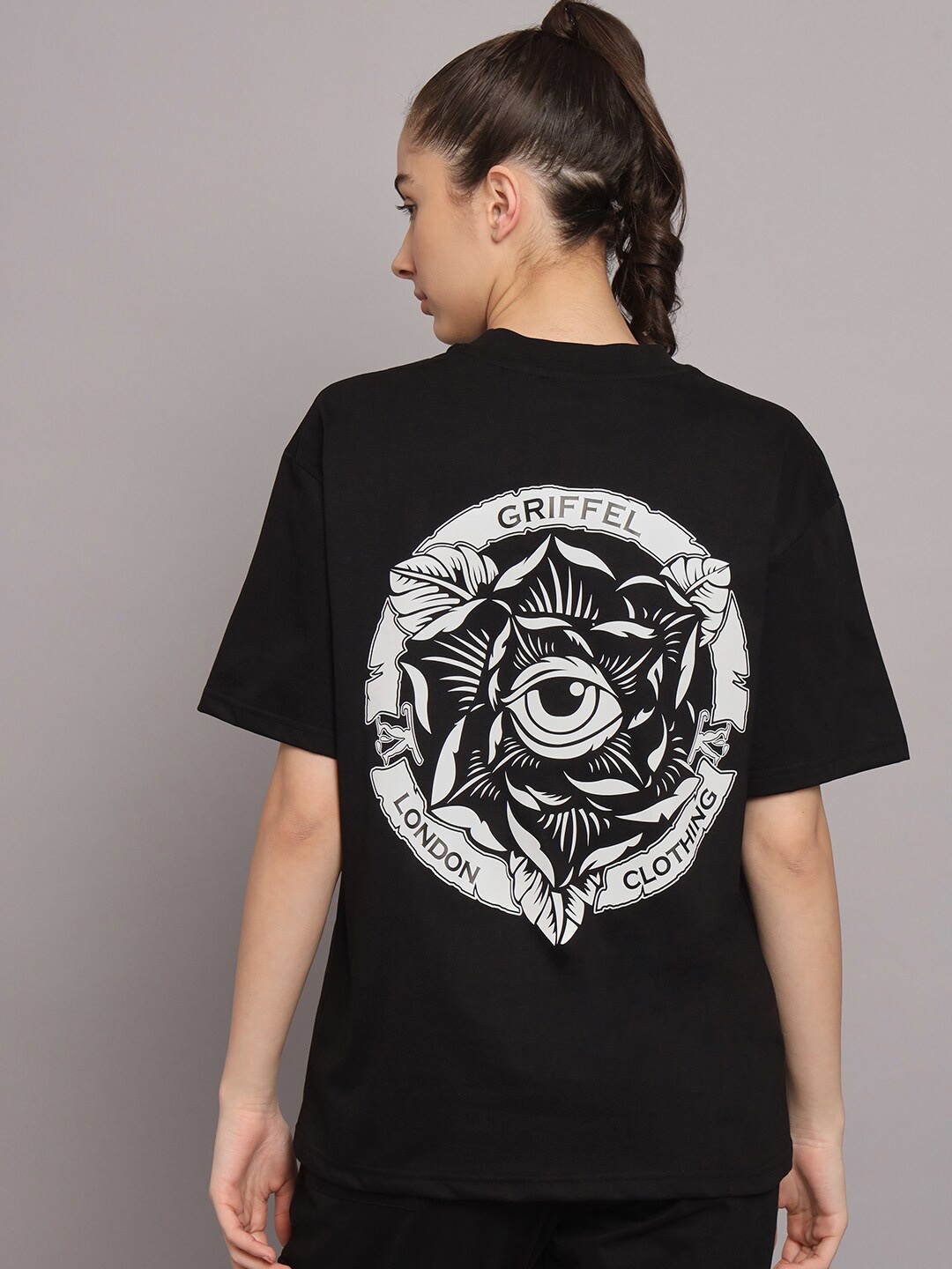 

GRIFFEL Graphic Printed Drop Shoulder Sleeves Cotton Oversized T-shirt, Black