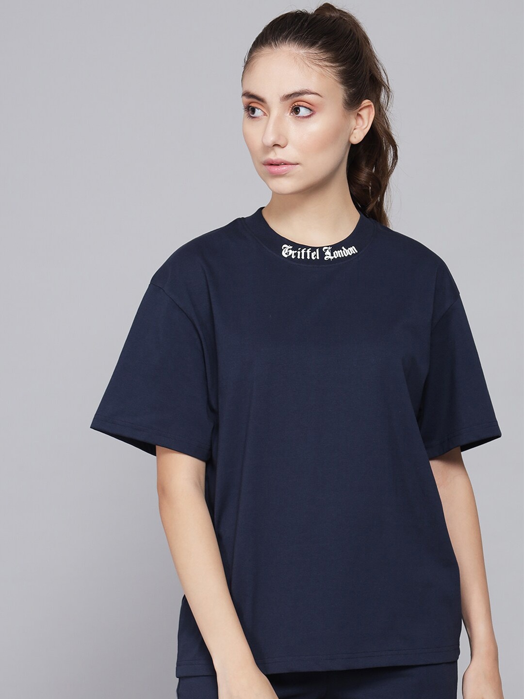 

GRIFFEL Drop Shoulder Sleeves Cotton Oversized T-shirt, Navy blue