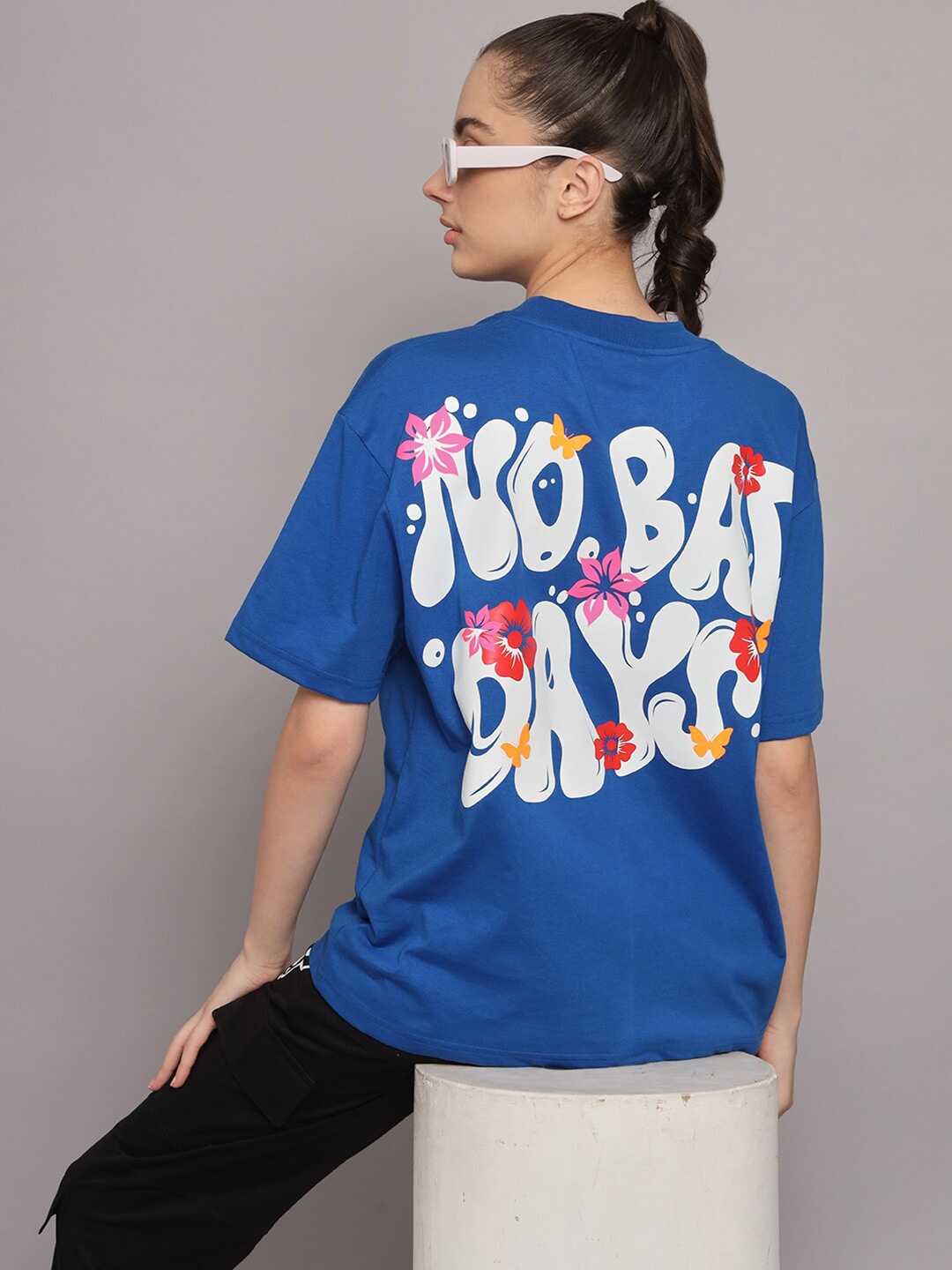 

GRIFFEL Typography Printed Drop Shoulder Sleeves Cotton Oversized T-shirt, Blue