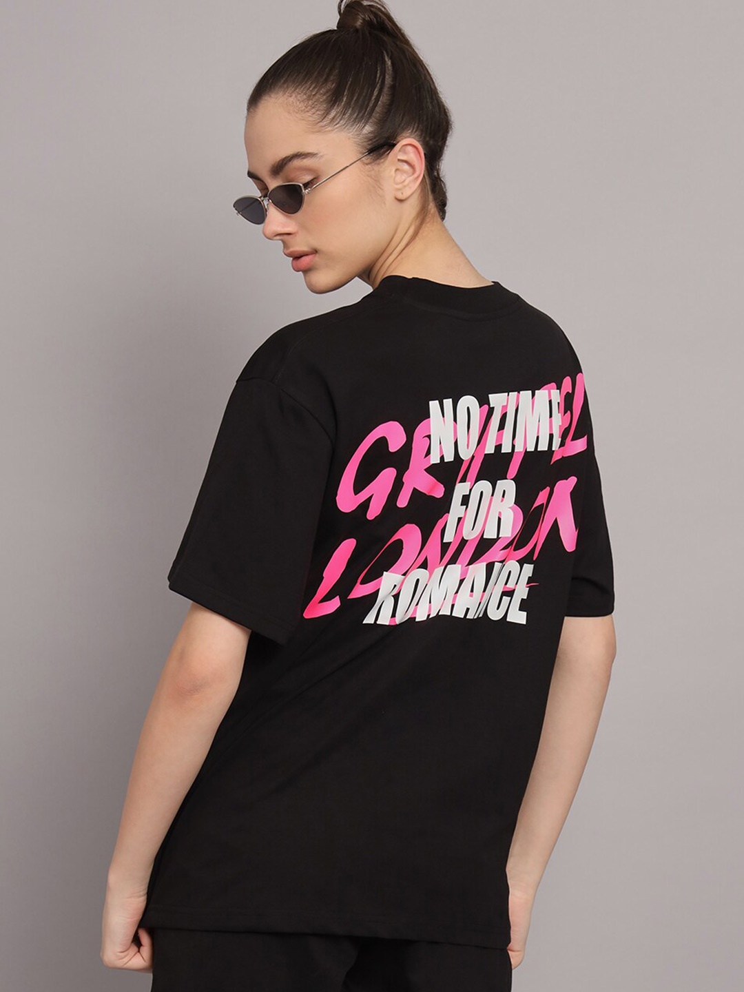 

GRIFFEL Typography Printed Drop Shoulder Sleeves Cotton Oversized T-shirt, Black