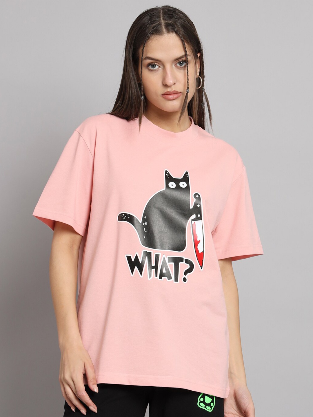 

GRIFFEL Graphic Printed Drop-Shoulder Sleeves Cotton Oversized T-shirt, Pink