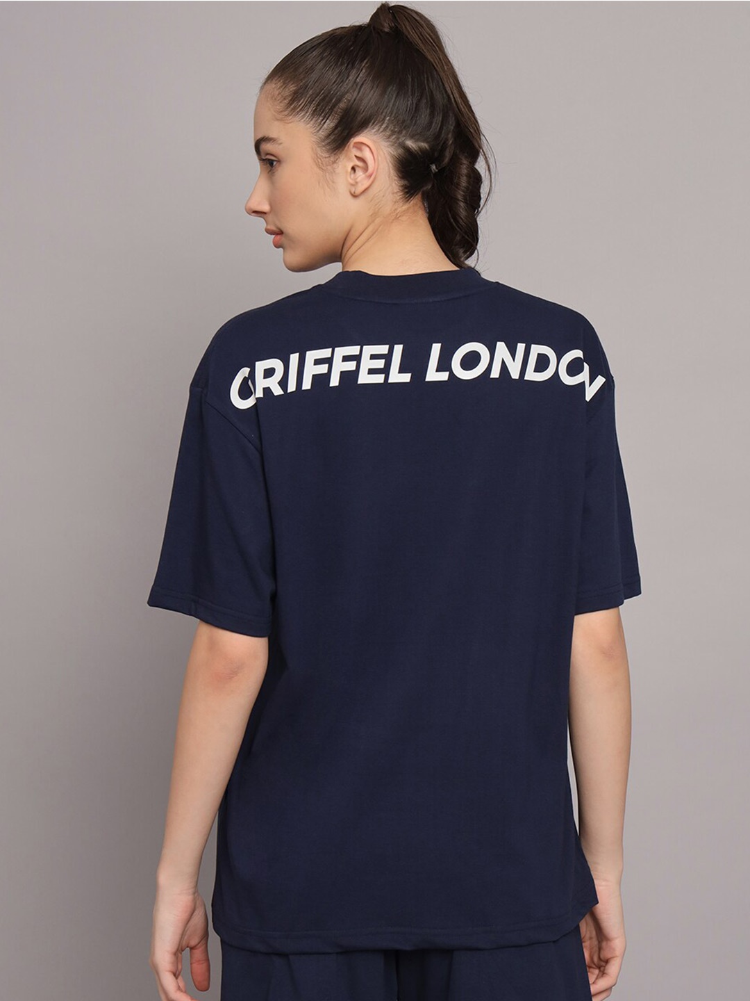

GRIFFEL Typography Printed Drop-Shoulder Sleeves Cotton Oversized T-shirt, Navy blue