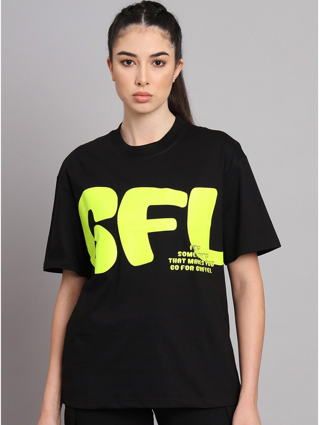 

GRIFFEL Typography Printed Drop-Shoulder Sleeves Cotton Oversized T-shirt, Black