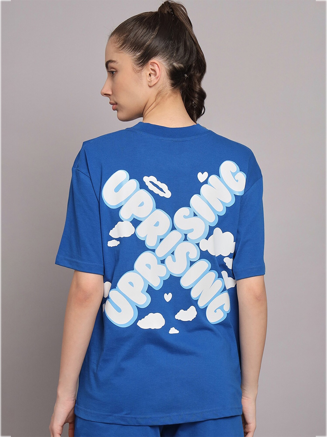 

GRIFFEL Typography Printed Drop-Shoulder Sleeves Cotton Oversized T-shirt, Turquoise blue