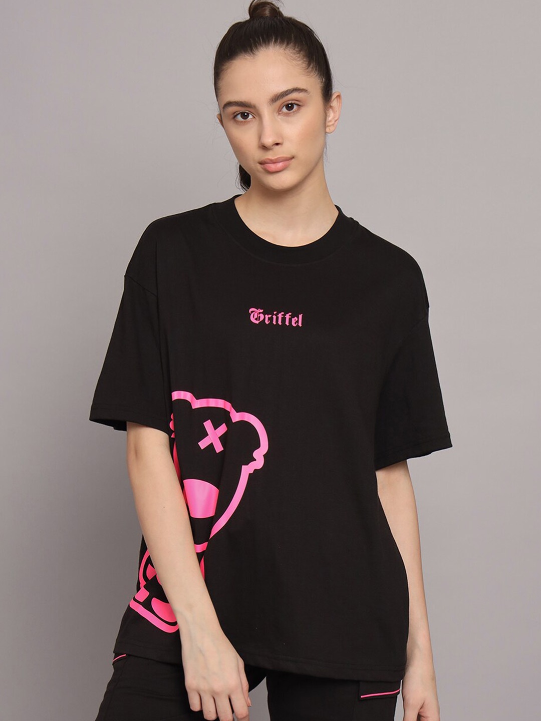 

GRIFFEL Graphic Printed Drop-Shoulder Sleeves Cotton Oversized T-shirt, Black