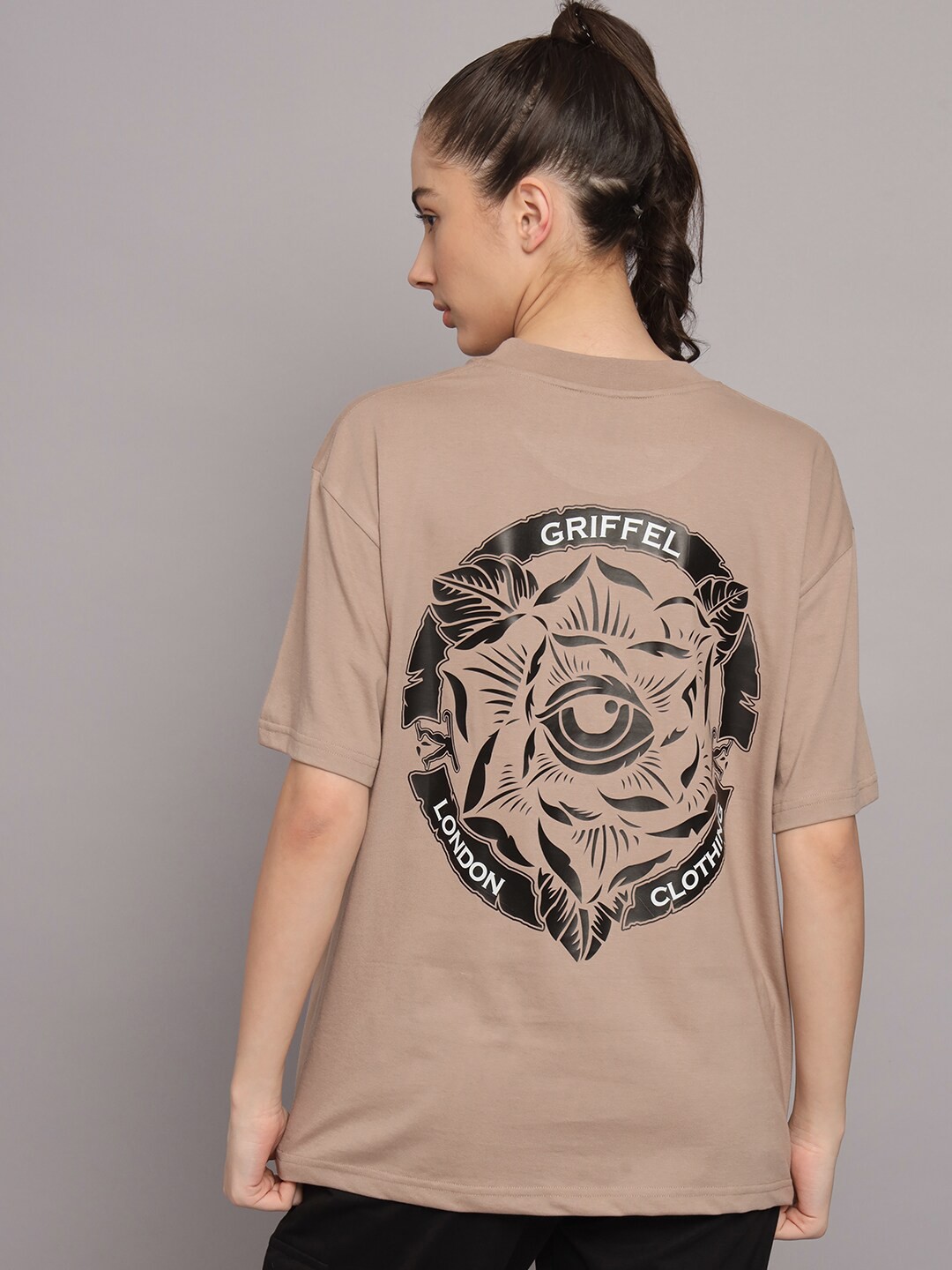 GRIFFEL Graphic Printed Drop-Shoulder Sleeves Cotton Oversized T-shirt, Brown