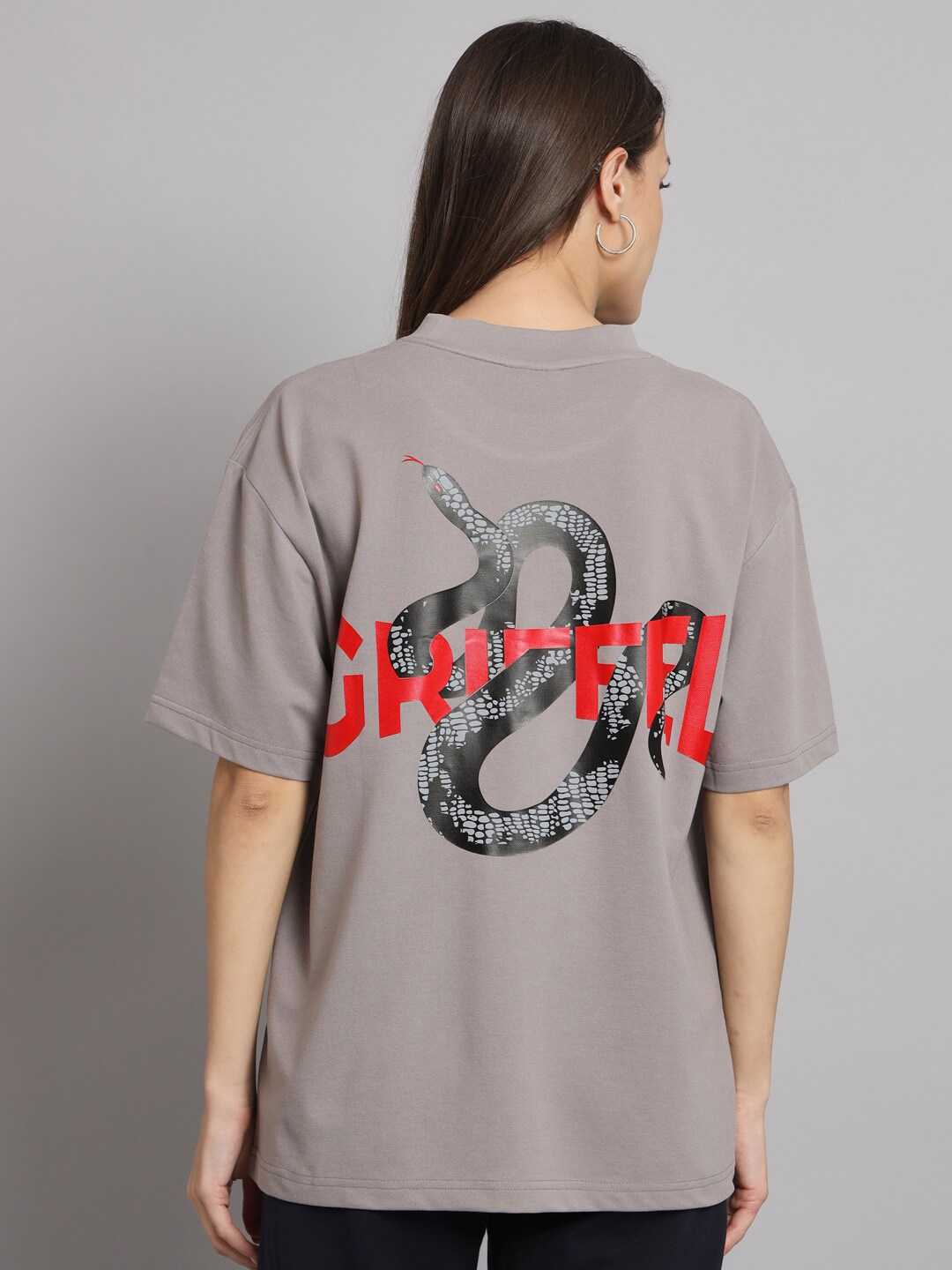 

GRIFFEL Graphic Printed Drop-Shoulder Sleeves Cotton Oversized T-shirt, Grey