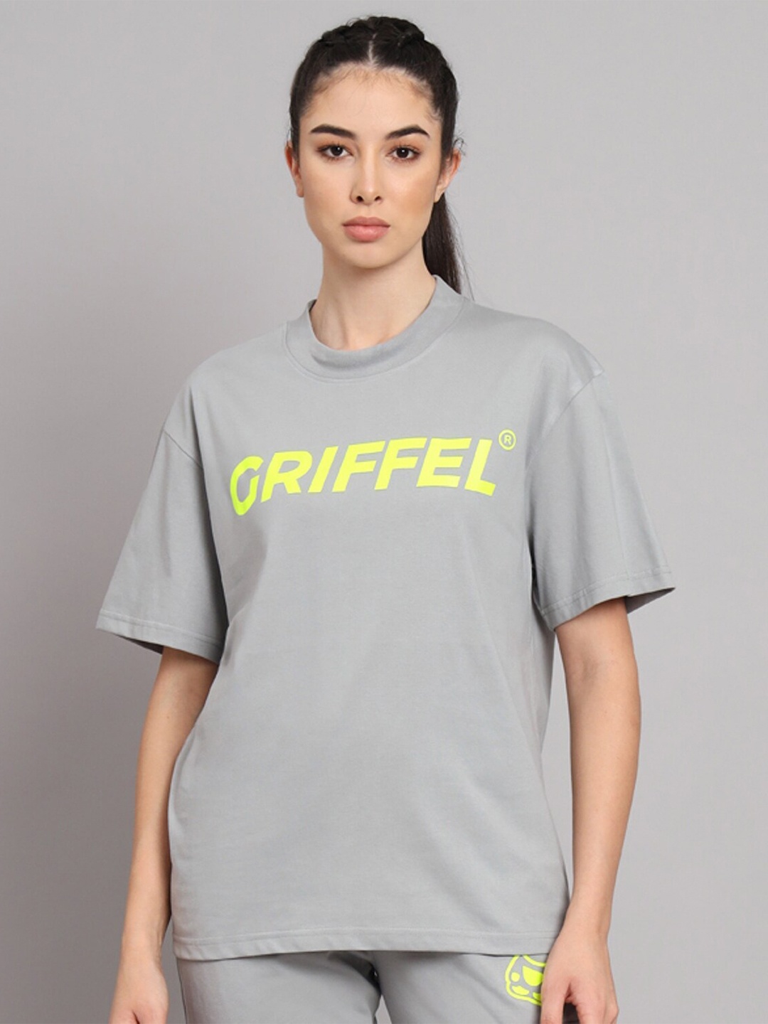 

GRIFFEL Typography Printed Drop-Shoulder Sleeves Cotton Oversized T-shirt, Grey