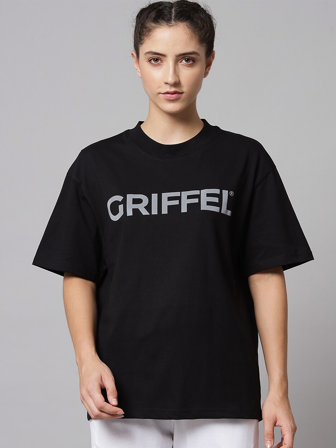 

GRIFFEL Typography Printed Drop-Shoulder Sleeves Cotton Oversized T-shirt, Black