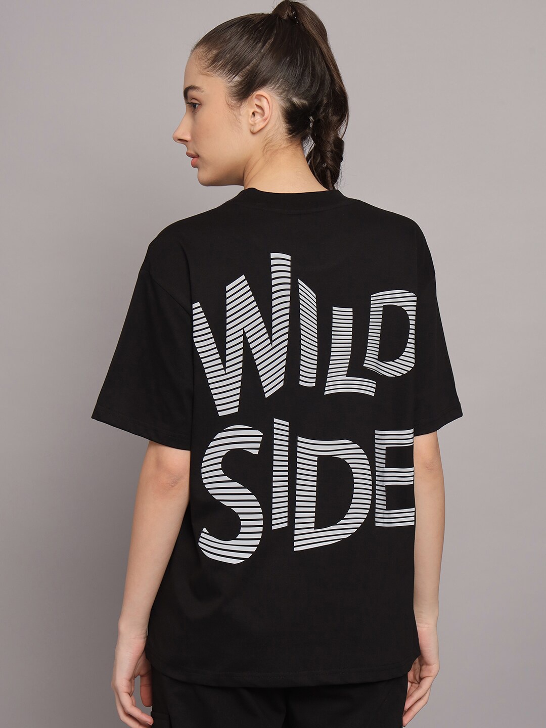 GRIFFEL Typography Printed Drop-Shoulder Sleeves Cotton Oversized T-shirt, Black