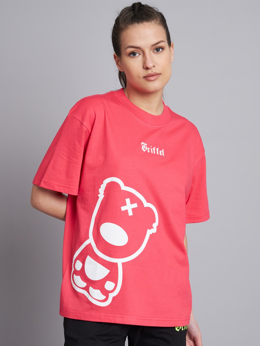 

GRIFFEL Graphic Printed Drop-Shoulder Sleeves Cotton Oversized T-shirt, Pink