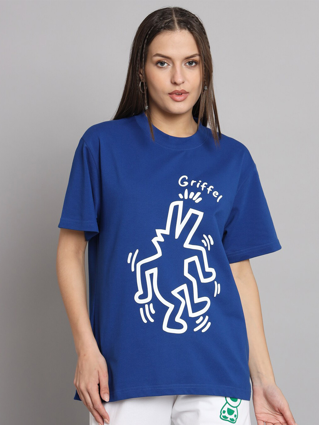 

GRIFFEL Graphic Printed Drop-Shoulder Sleeves Cotton Oversized T-shirt, Blue