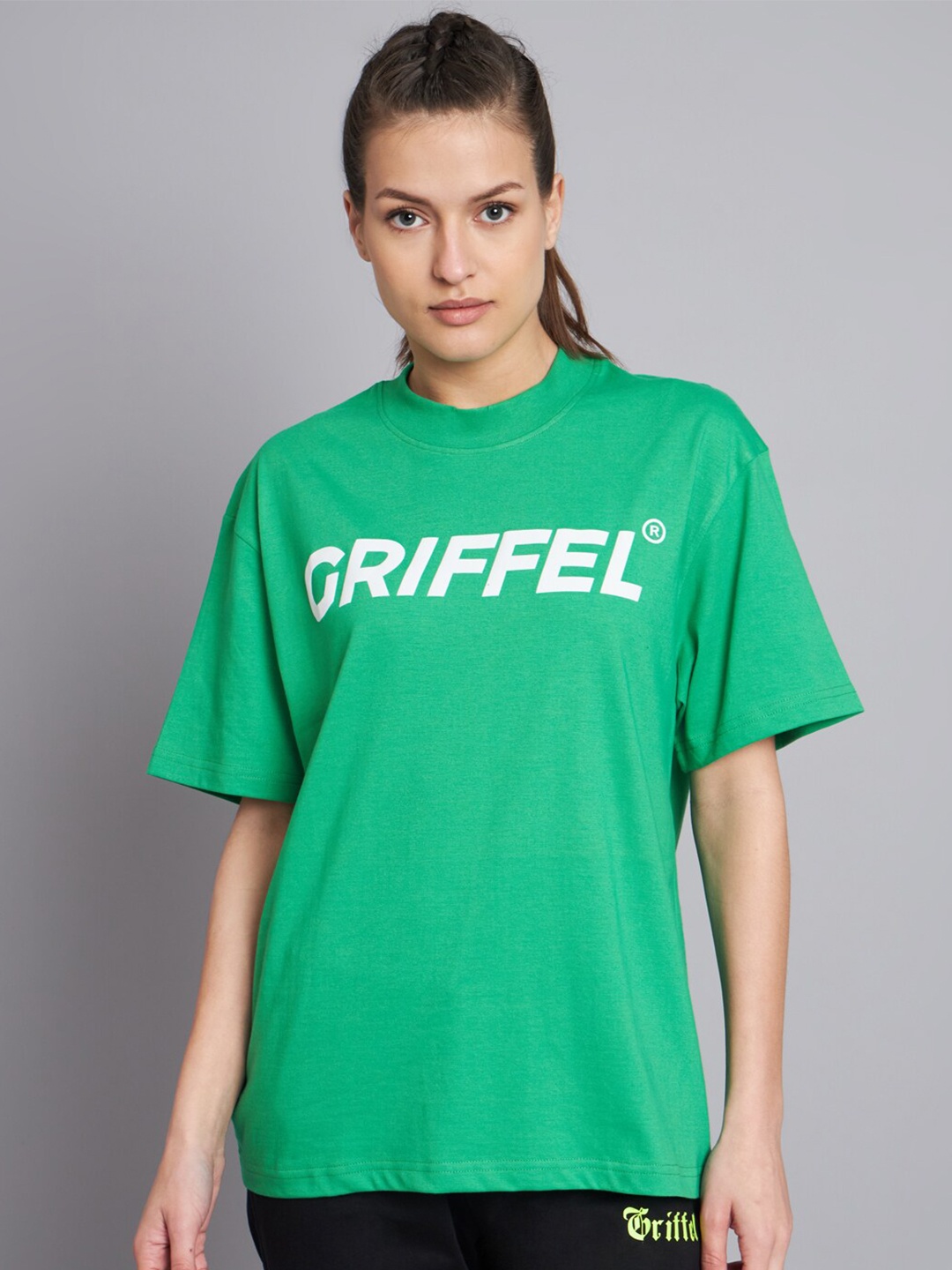 

GRIFFEL Typography Printed Drop-Shoulder Sleeves Cotton Oversized T-shirt, Green