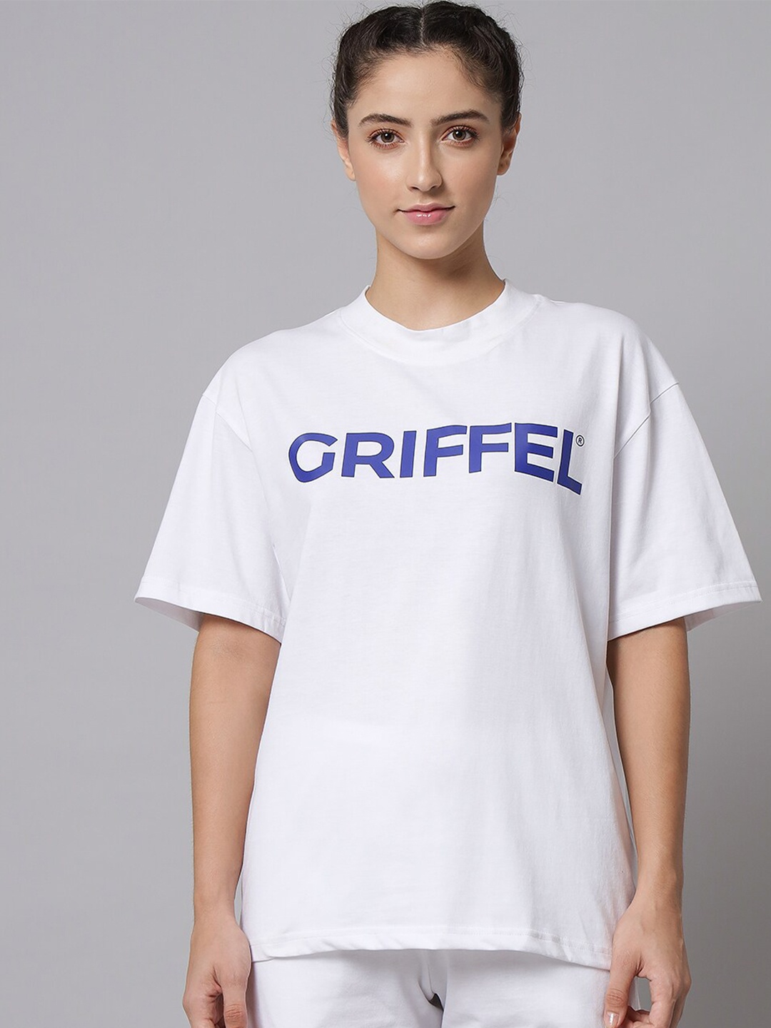 GRIFFEL Typography Printed Drop-Shoulder Sleeves Cotton Oversized T-shirt, White