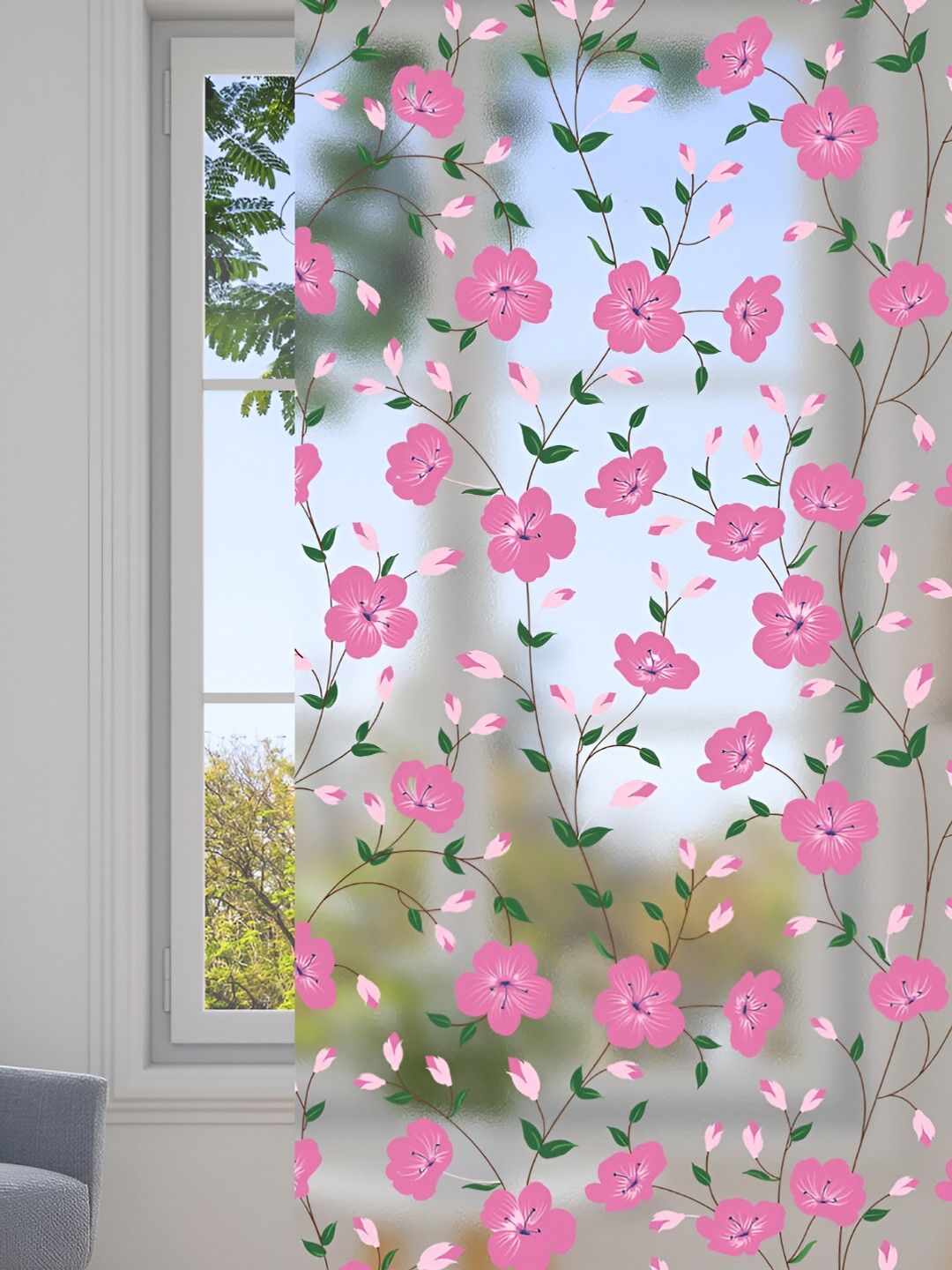 

CVANU Transparent & Pink Floral Printed Self-Adhesive Window Film
