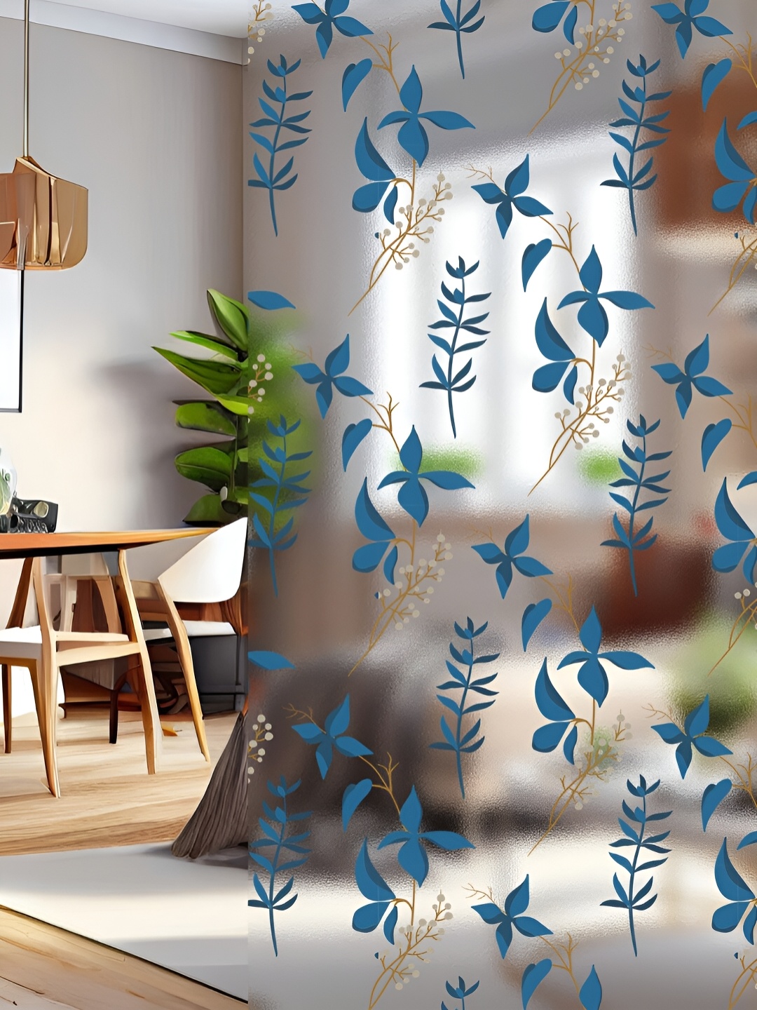 

CVANU Transparent & Blue Floral Printed Self-Adhesive Window Film Wall Sticker