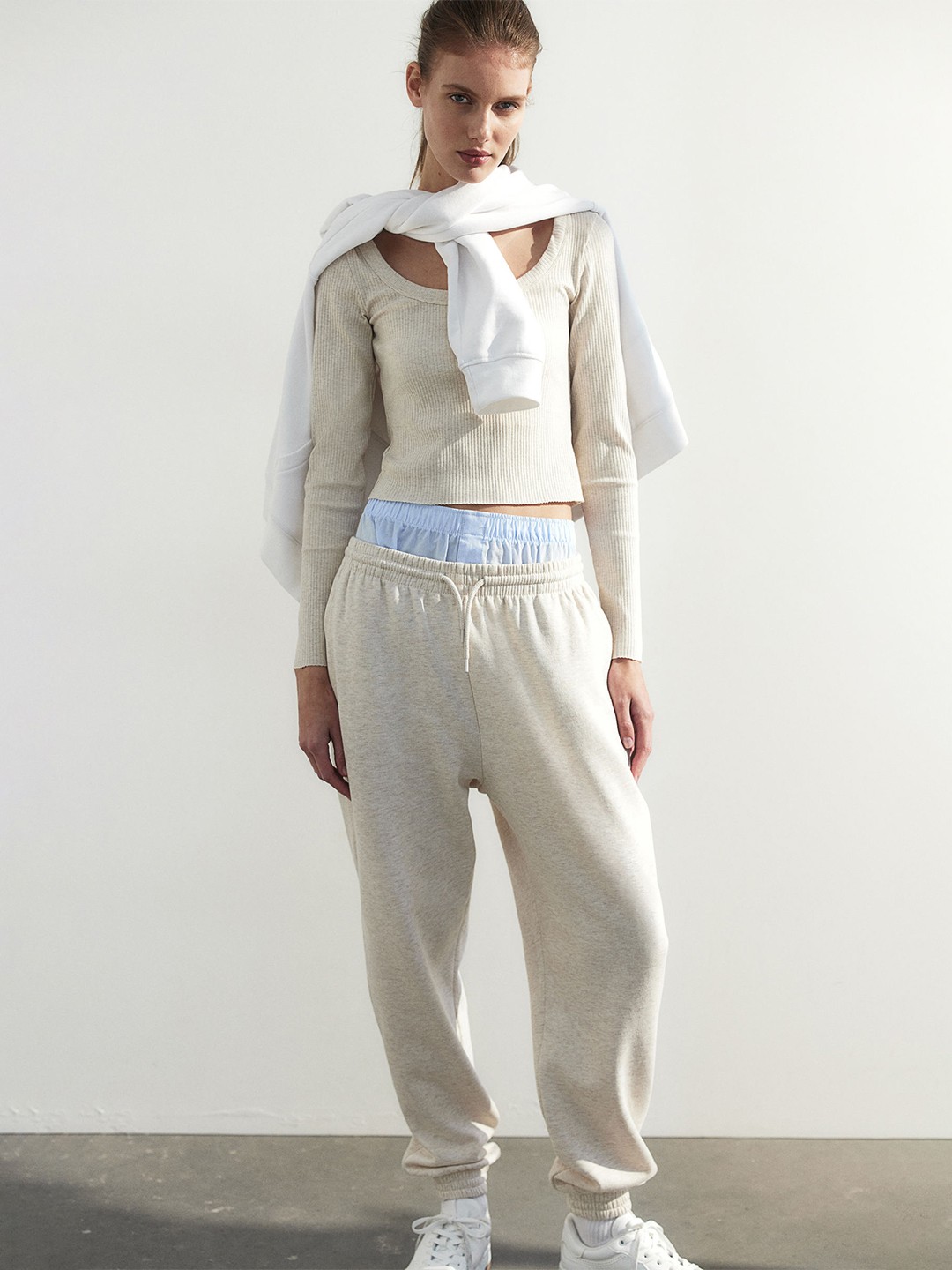 

H&M Ribbed Square-Neck Top, Beige