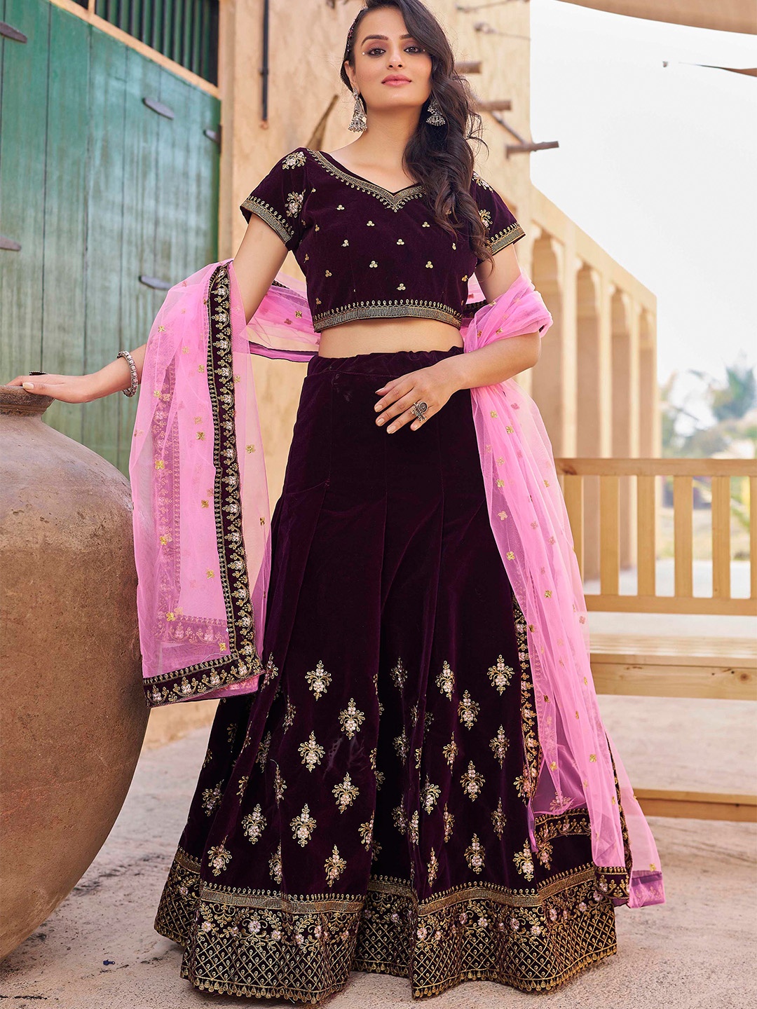 

Kedar Fab Embroidered Velvet Semi-Stitched Lehenga & Unstitched Blouse With Dupatta, Purple