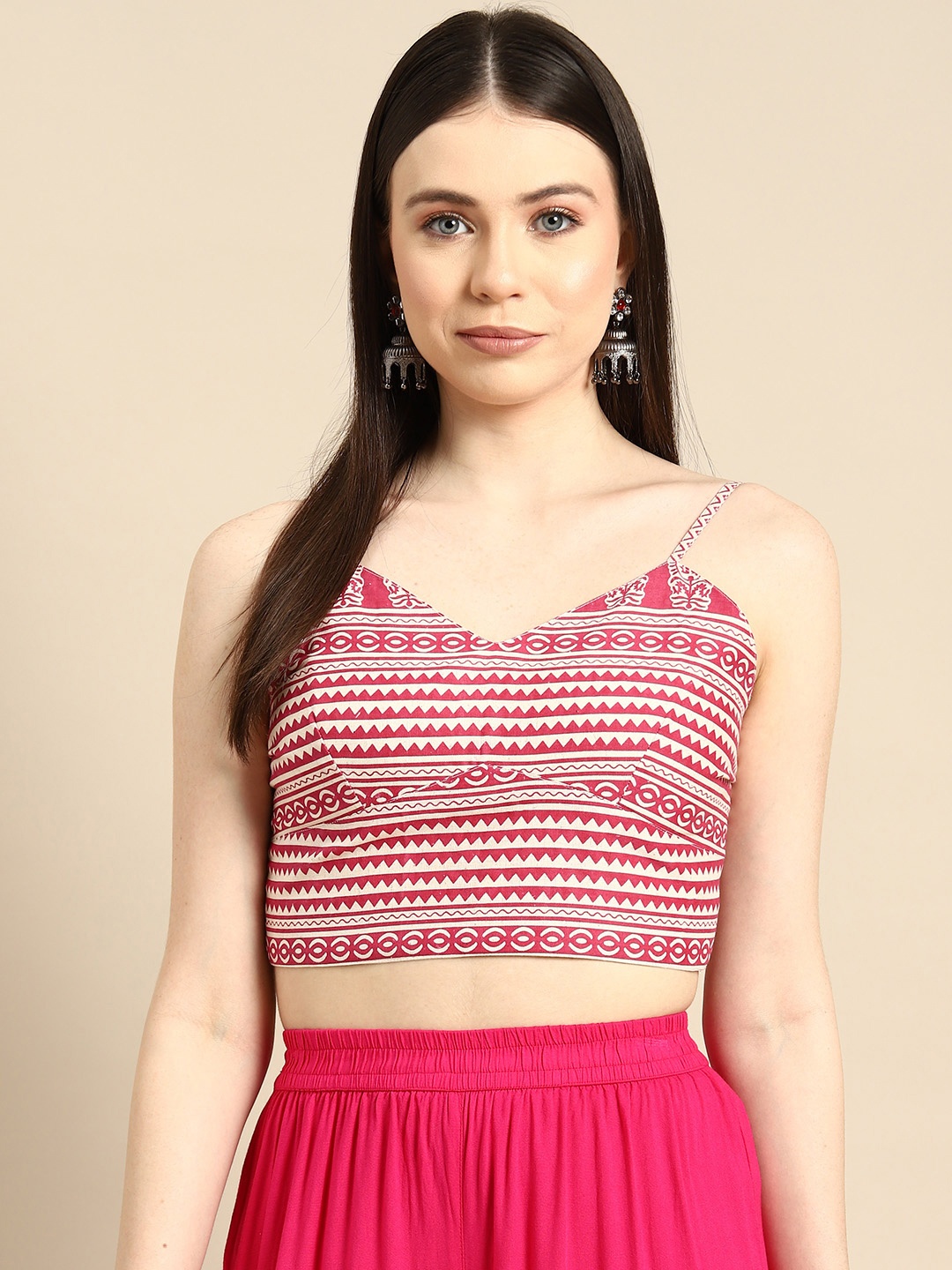 

Molcha Shoulder Straps Print Cotton Crop Top, Pink