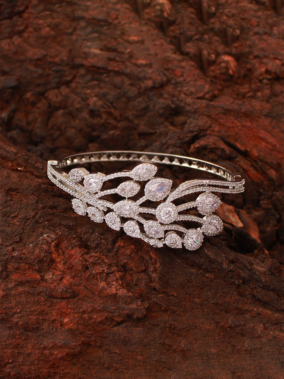 

Mirana Rhodium-Plated Cubic Zirconia Studded Cuff Bracelet, Silver