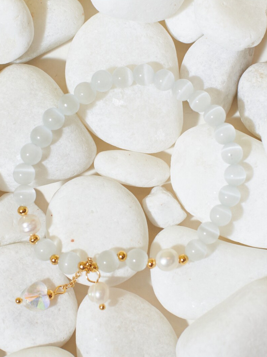 

DressBerry White Beaded Elasticated Bracelet, Gold